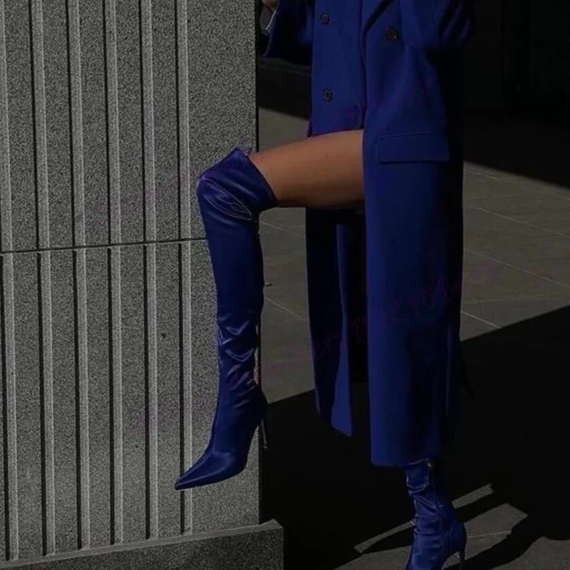 Bottes hautes en Satin bleu pour femmes, chaussures Sexy à bout pointu, au-dessus du genou, talons hauts fins, 2024 Zapatos Para Mujere
