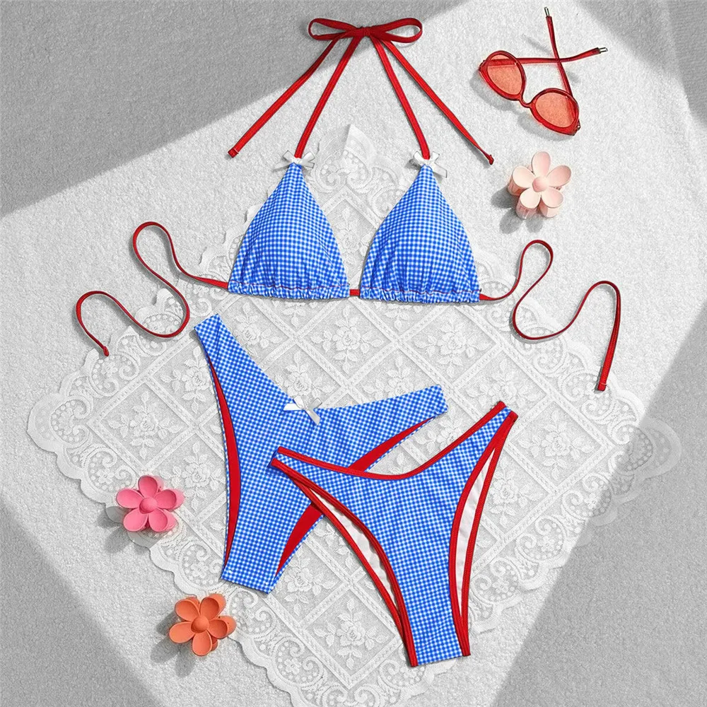Blauer Satin, aushöhlen, Bandeau-Bikini-Sets, 2025, sexy Badeanzug, Damen-String, Neckholder, Bademode, Damen, Rüschenkante, Tanga, Mikro-Bikini
