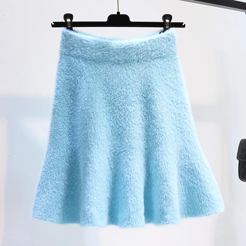 2022 Autumn Winter Women Knitted Skirt Thick Warm Plush Fashion Fold High Waist Mini Skirt Female Solid Color A-Line Skirts