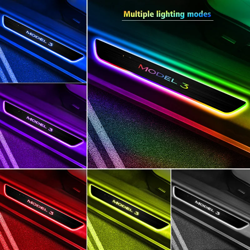 4Pcs For Tesla Model Y Model 3 LED Car Door Sill Light RGB Colour Multi-Mode Car Door Pedal Lamp Welcome Scuff Plate Pedal light