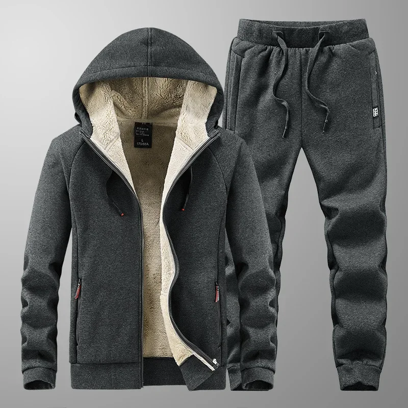

Hooded Track Suit Men Winter Brand Casual Warm cashmere Winter Fleece Sweatshirt Lamb cashmere Hoodie + Pant Tracksuit Men Thick