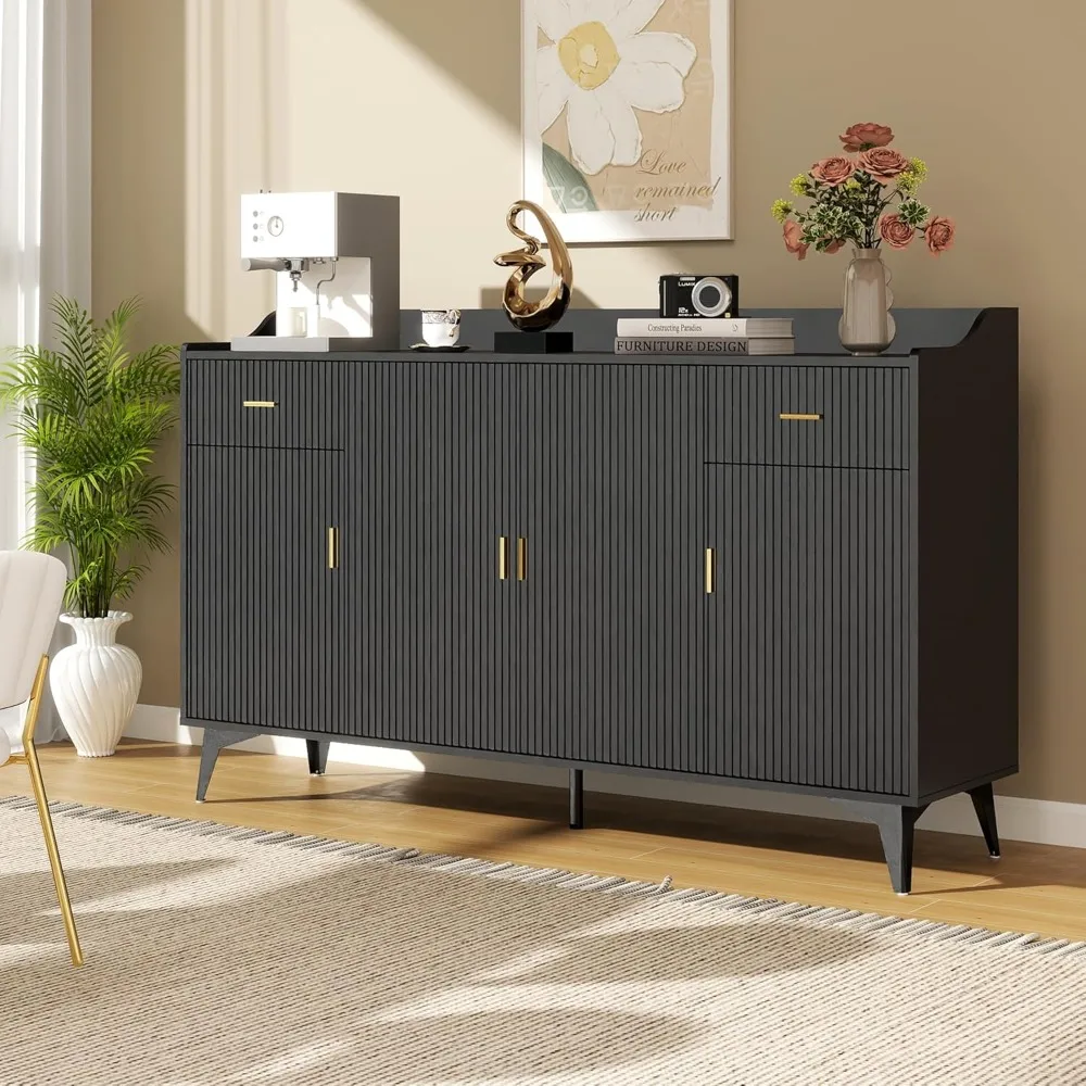 

Fluted Buffet Cabinet with Storage, 63" Black Sideboard Cabinet, 4 Doors Modern Accent Cabinet with 2 Drawers, Wood Credenzas