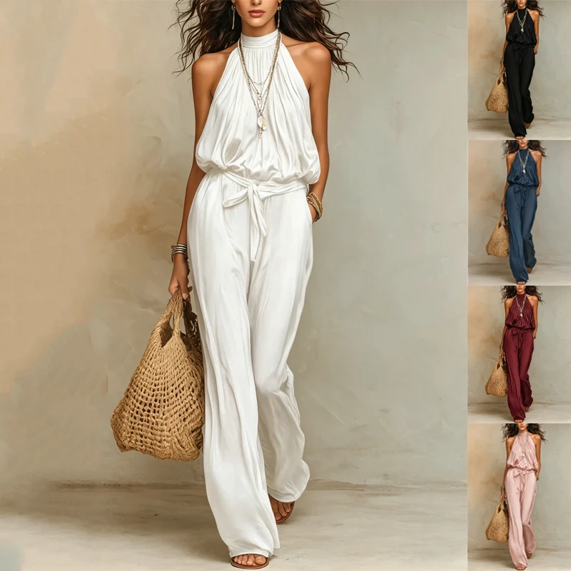 Women Halter Neck Sleeveless Jumpsuit Elastic Waist Belted Wide Leg Pants Summer Casual Loose Solid Color Romper