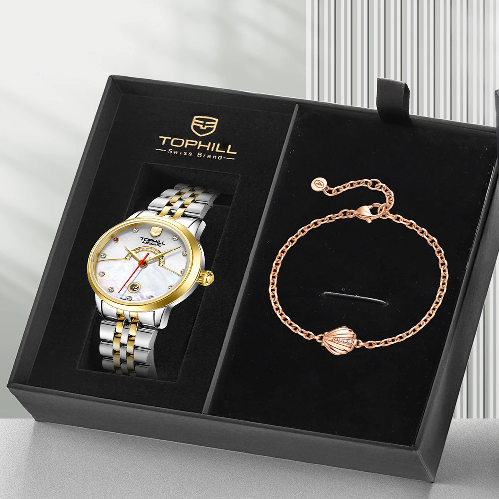 

TOPHILL модные повседневные женские импортные автоматические часы с календарем с сапфировым циферблатом женские механические наручные часы бесплатный браслет подарок