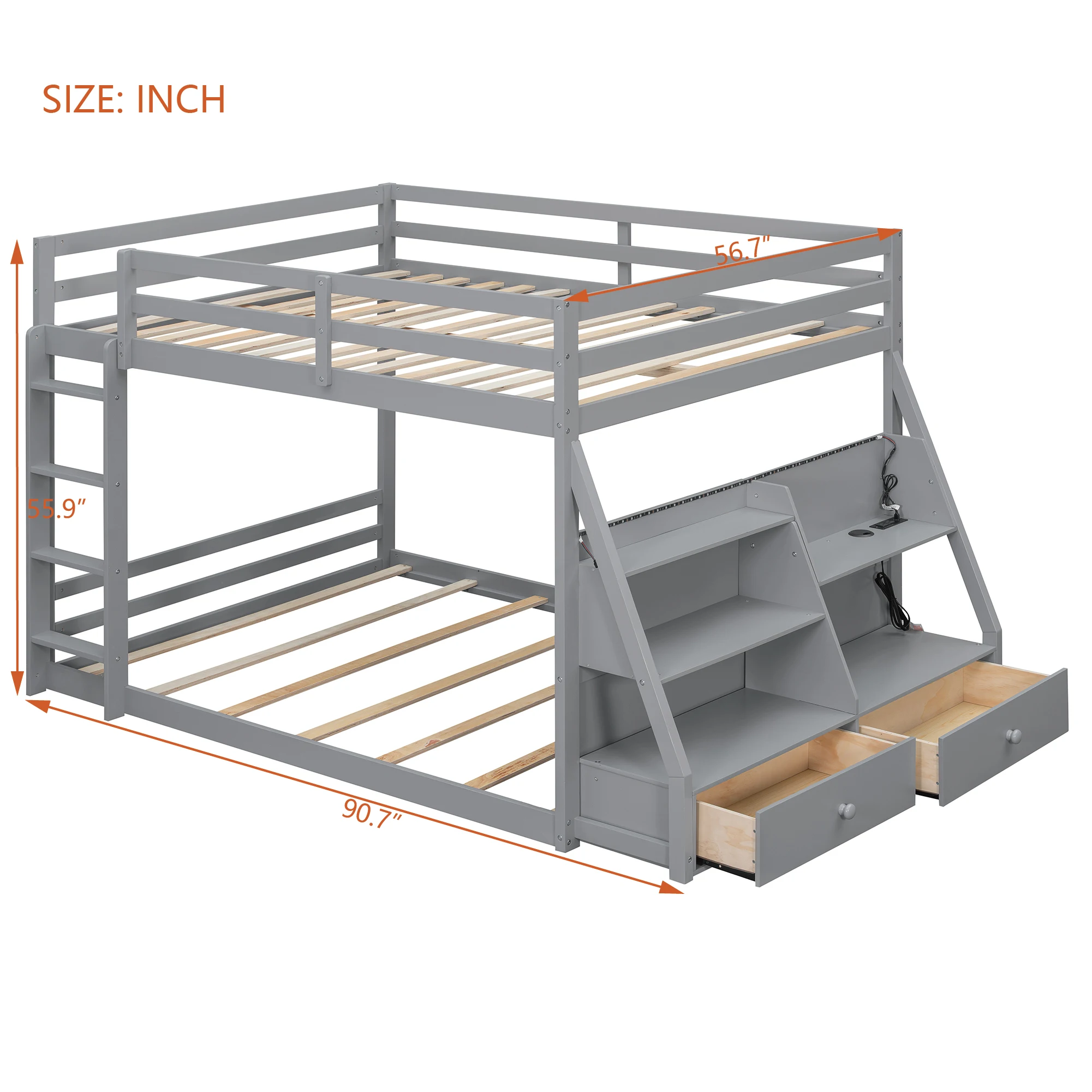 Full Bunk Bed with APP-Controlled LED Lights (7 Colors), USB Ports, Storage Shelves and 2 Drawers,Gray