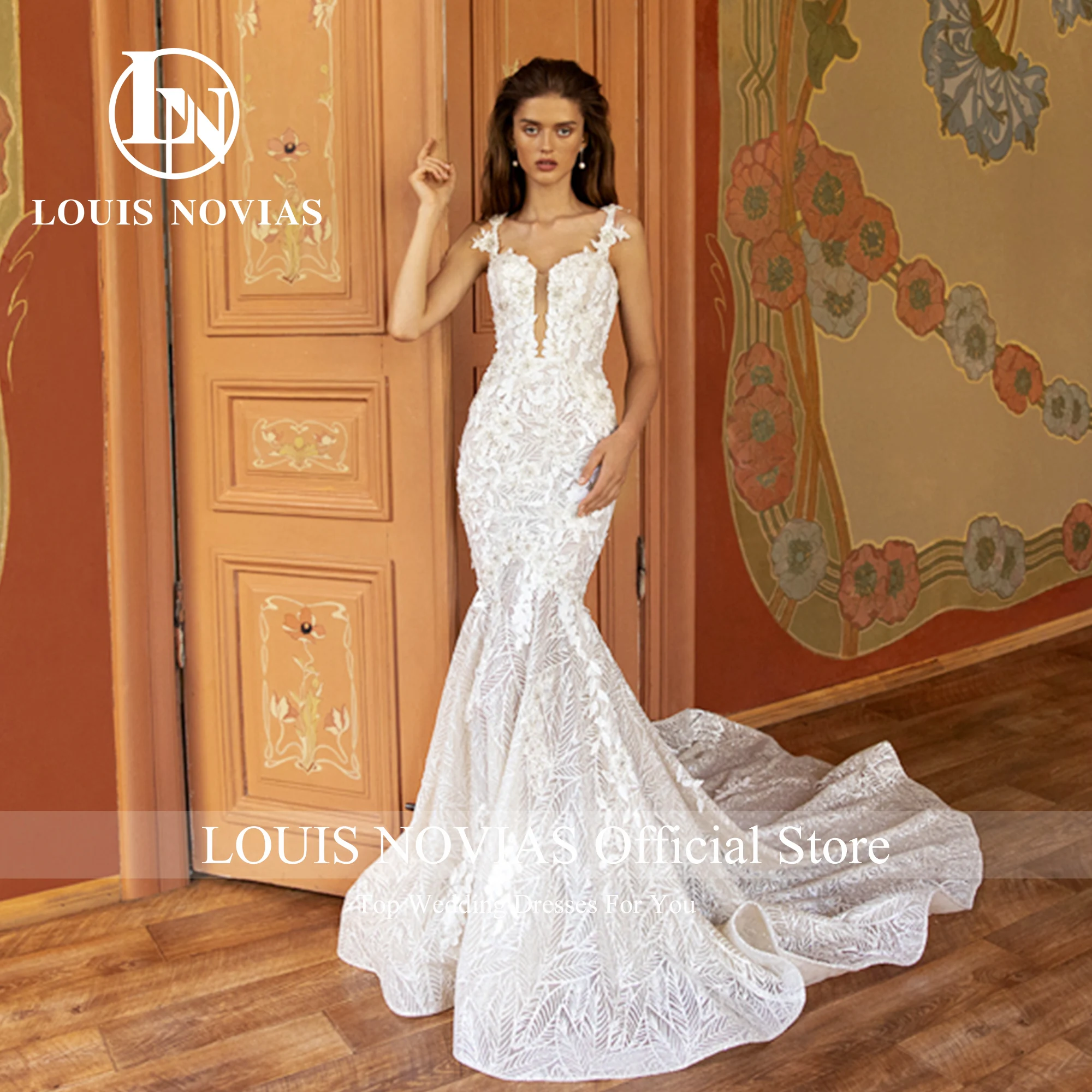 LOUIS NOVIAS حورية البحر فستان الزفاف للنساء السباغيتي الأشرطة الحديثة ثلاثية الأبعاد الزهور الديكور يزين ذيل شابيل ثوب زفاف