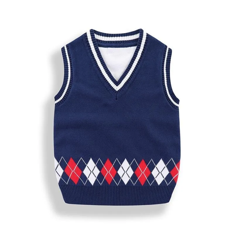 Kids Cotton Vests Spring Autumn , Boys And Girls Knit Sleeveless Sweater ,  V-Neck Children\'s School Waistcoat Top Clothes H6