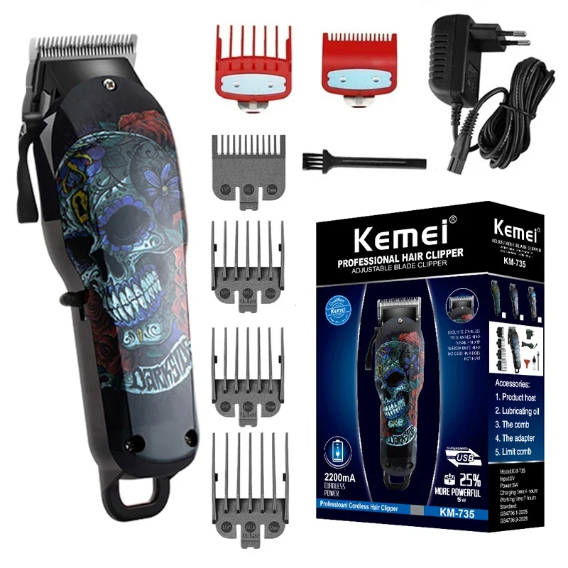 Kemei Wireless Hair Clipper Professional Hair Trimmer Men Electric Powerful Motor Hair Cutting Machine Lithium Battery