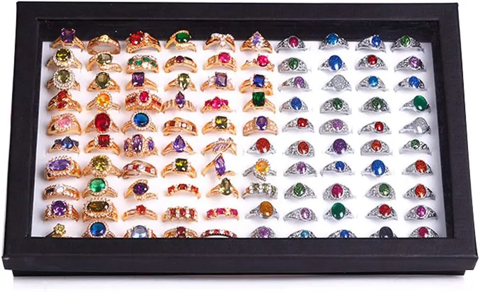 Jewelry Rings Display Tray Velvet 100 Slot Case Box Jewelry Storage Box | Ring Box Holder Organizer with Glass Lid,100 Slots ,Ea