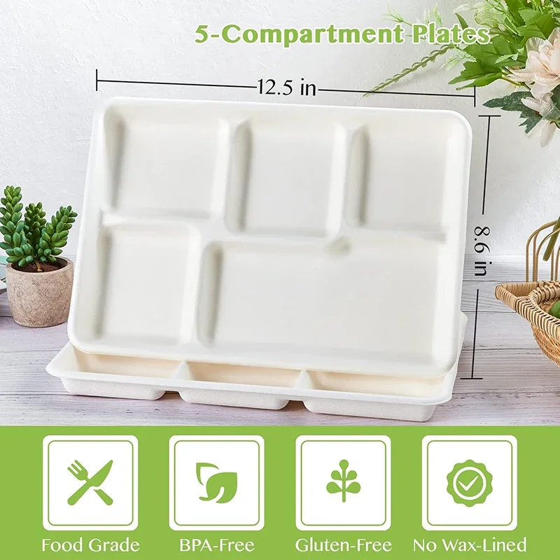 10/30Pcs Disposable Paper Plates, 5 Compartment School Lunch Trays, Compostable Bagasse Plates for Buffet Party
