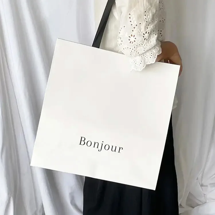 Euro Tote Shopping Bags with Rope Handles Custom Printed Large White Clothing Paper Bag with Black Ribbons