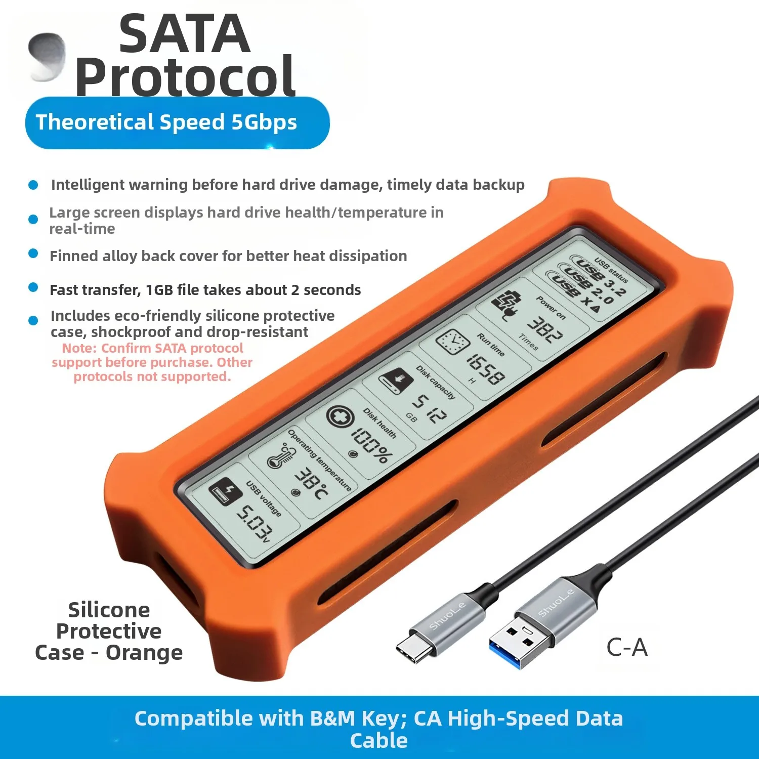 M.2 SSD Case with On Board HD Display for Monitoring Write Read Rates 10Gbps Speed via USB C for NVMe M B Key Drives