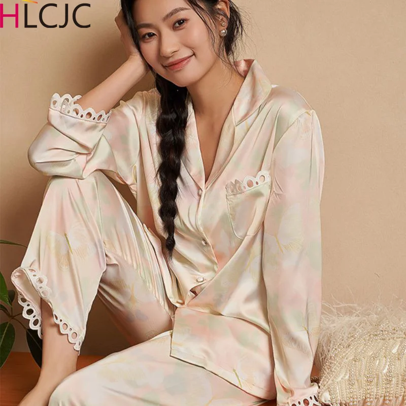 Women's New Pajamas Female Sweet Dream Butterfly Long-Sleeved Pajamas Spring Summer Women's Homewear Ice Silk Pajamas Femme