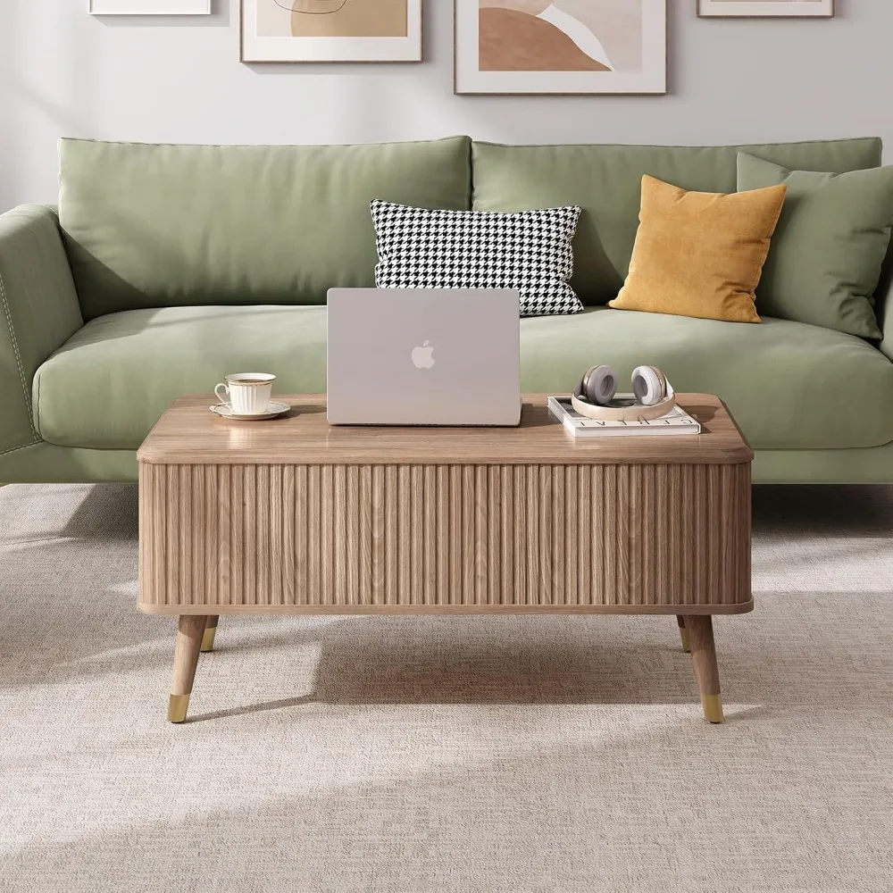 Mesa de centro elevable estriada moderna de mediados de siglo con almacenamiento oculto para sala de estar