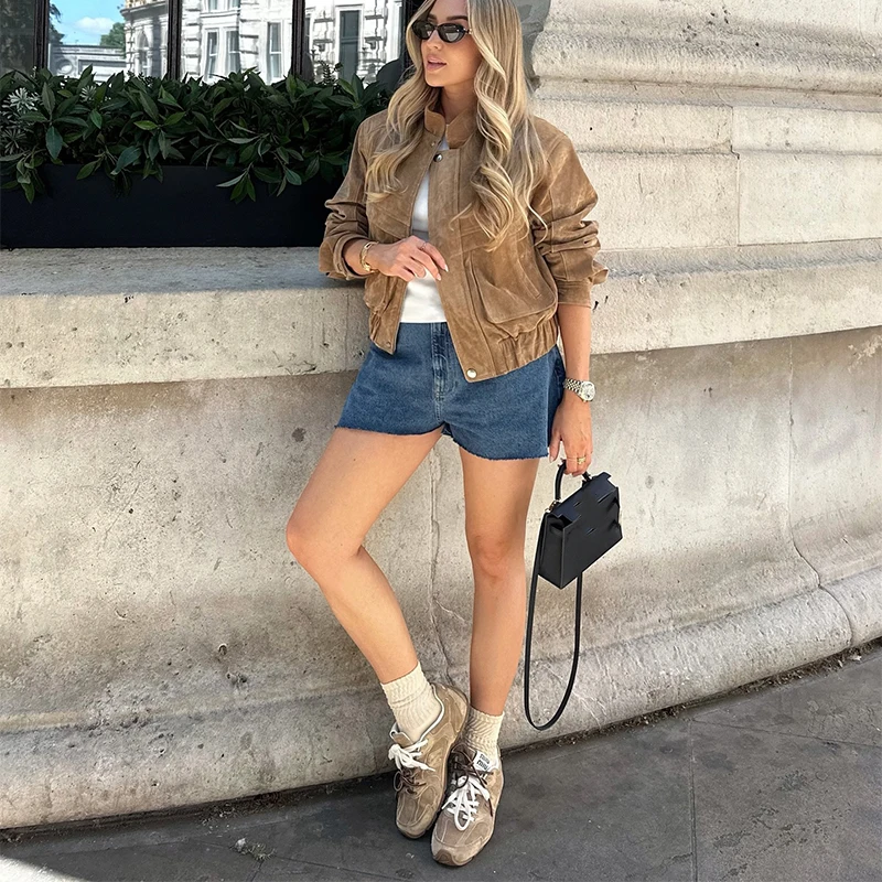 Chic Vintage Suede Long Sleeve Jacket Women's Loose Lapel Collar Zipper Pockets Outerwear Coat 2025 Autumn Lady Loose Outwears