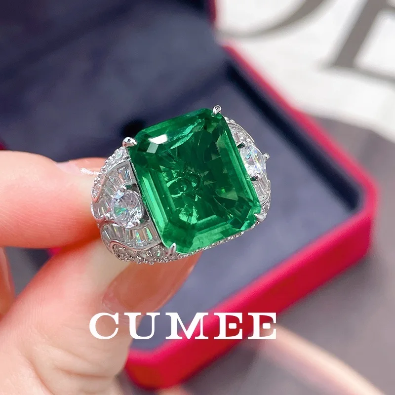 

CUMEE Dominant Big Colombian Emerald Green Rings for Men's and Women's Cultivated Emerald Synthetic Ring. 925 Silver Plated Gold