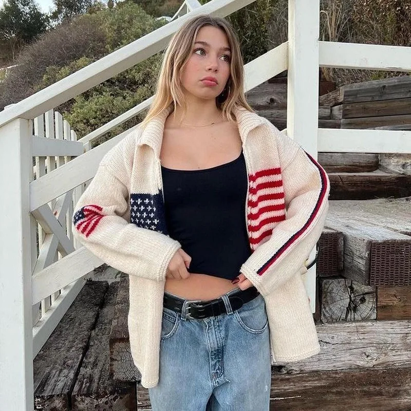 Maglione lavorato a maglia con cerniera modello autunno inverno stile Harajuku streetwear casual per temperamento sciolto per pendolarismo all'aperto lavorato a maglia