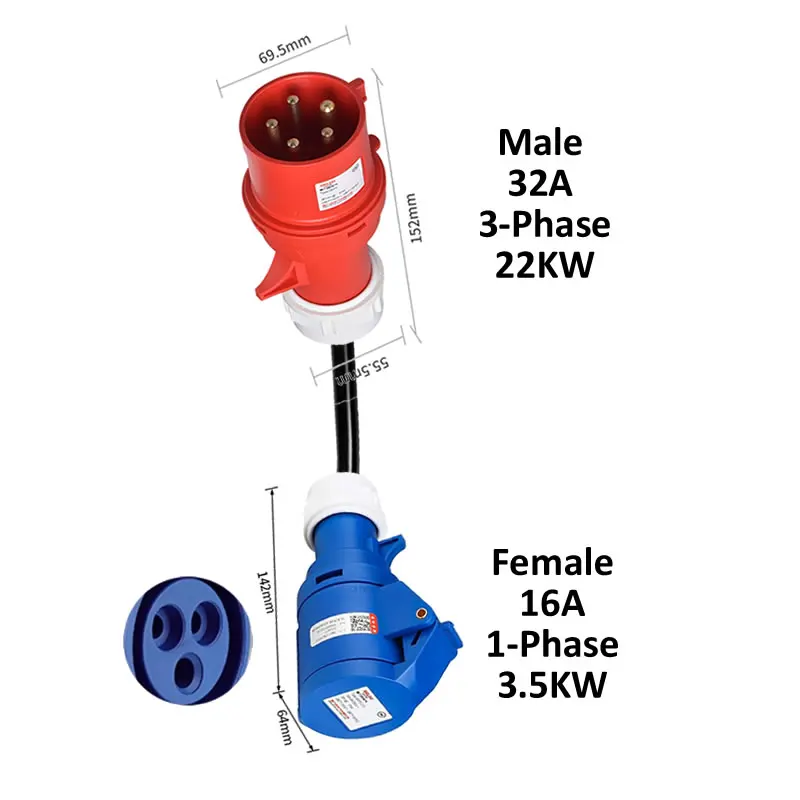 Ladeadapter für Elektrofahrzeuge CEE-Stecker 16A/32A Rot zu Buchse Blau 1-phasig 32A 7KW 16A 3,5KW Rot 3-phasig 16A 11KW 32A 22KW – Detail 6