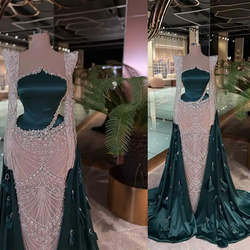 

Charming Crystals Mermaid Evening Dresses Long Sleeve Floor Length Prom Gowns Beadeds Formal Party Customized