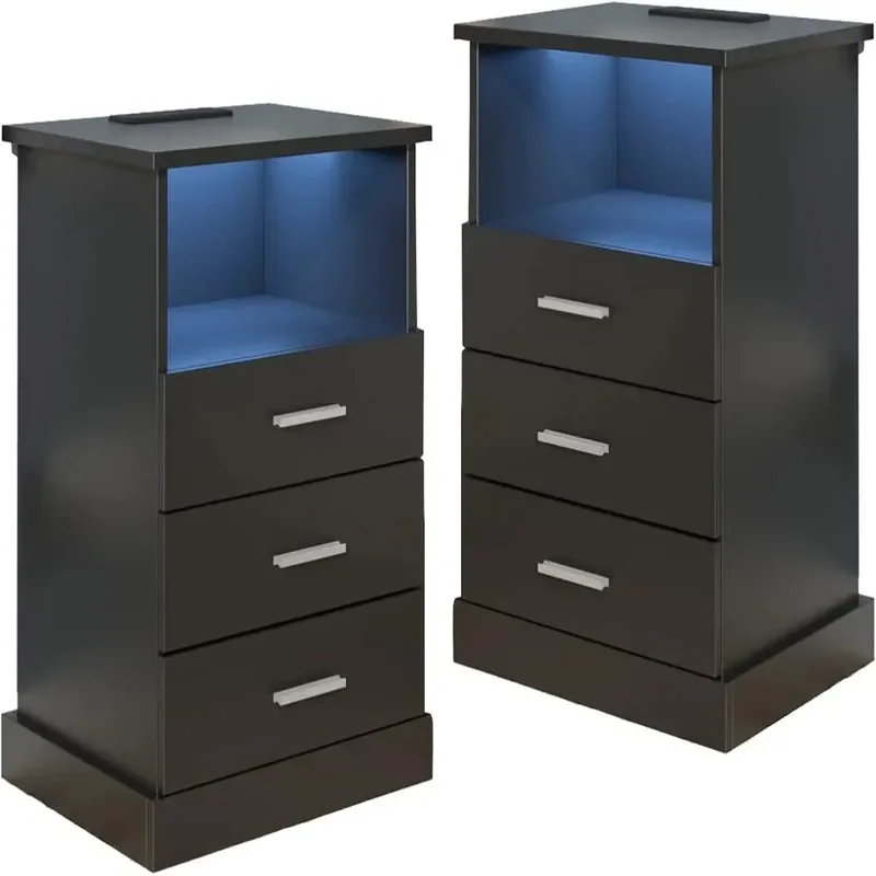 

LED Nightstand with Charging Station, 3 Drawers Side Table, End Table with Open Storage, Lighted