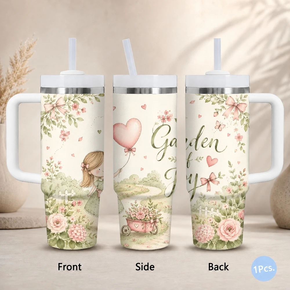 Country Balloon Girl Watercolor Vacuum Flasks 40oz Stainless Steel Insulated Tumbler With Handle & Straw Leakproof Travel Mug