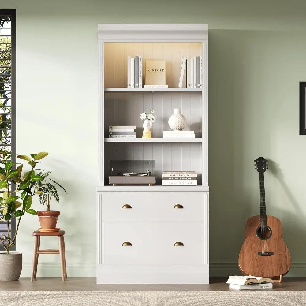 رف كتب حديث طويل القامة بإضاءة LED مع درجين و3 أرفف لتخزين غرفة المعيشة وتنظيم المنزل #4