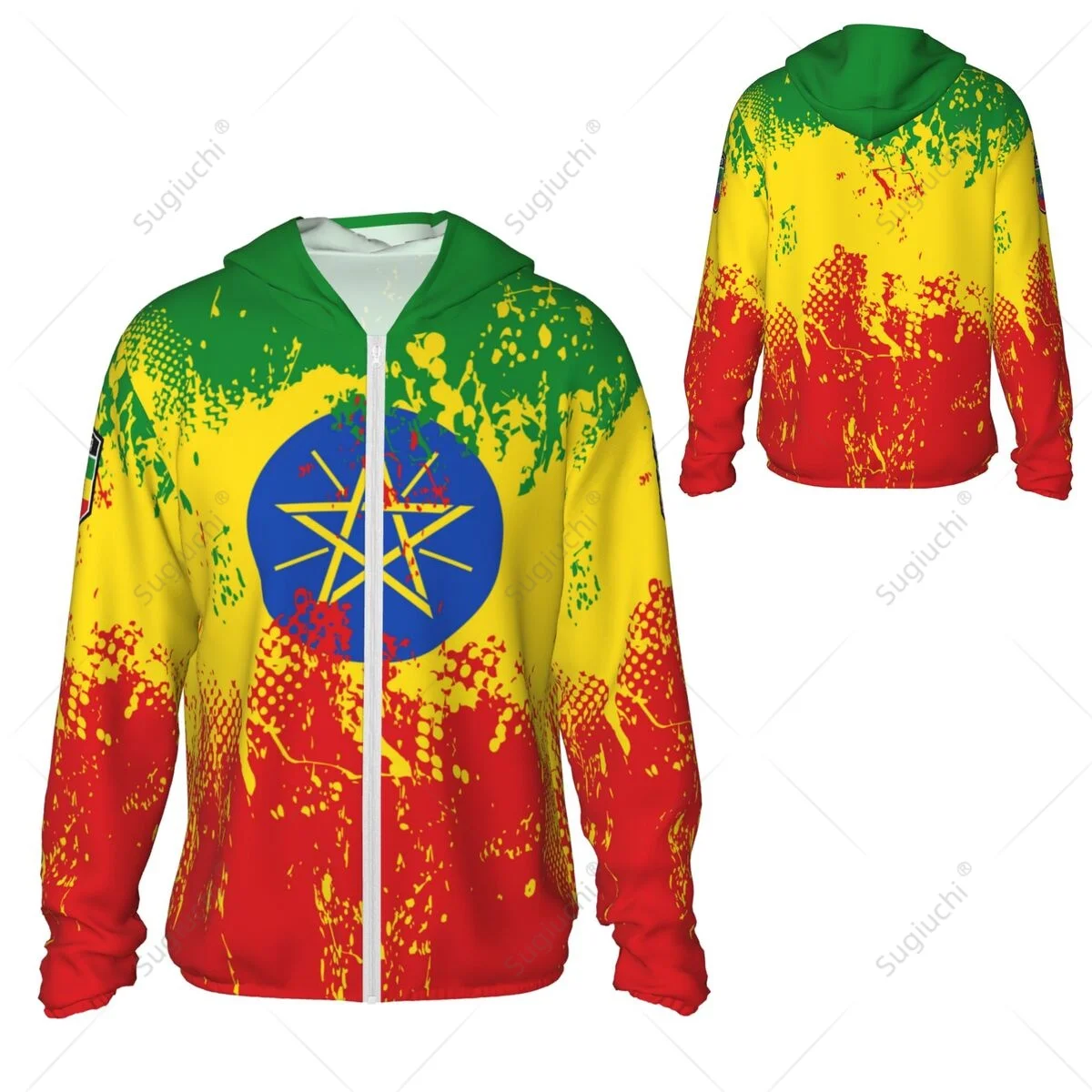 Hoodie pelindung matahari bendera Ethiopia pakaian tabir surya pakaian memancing bersepeda berlari cepat kering lengan panjang dengan ritsleting poliester