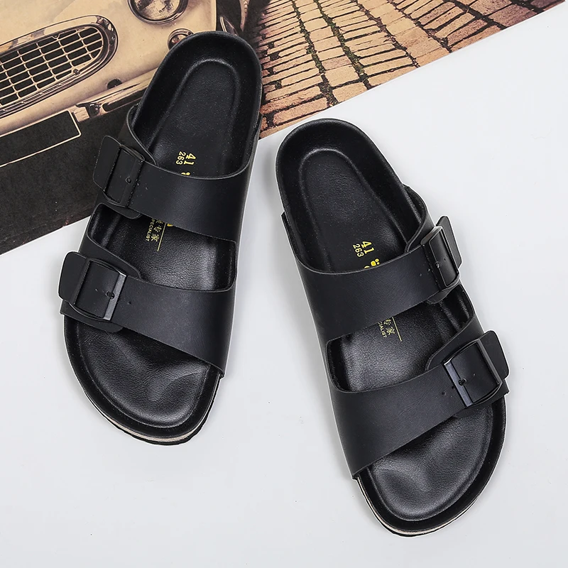 2023 New Men\'s Leather Clogs Slippers High Quality Soft Cork Two Buckle Slides Footwear for Men Women Unisex Large Sizes 35-45