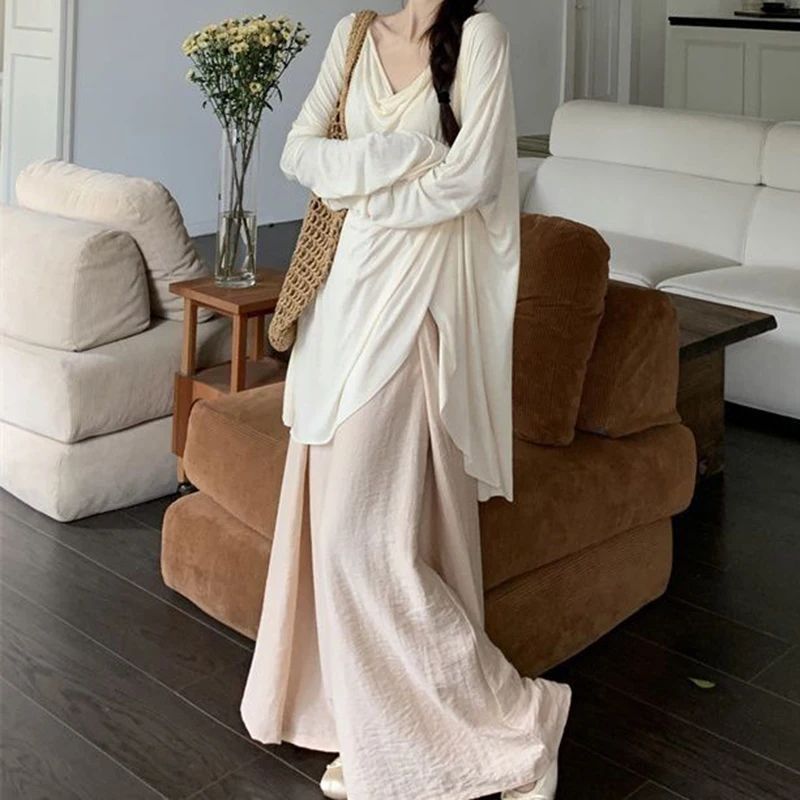 Cool temperament suit women's summer 2024 new lazy wind sunscreen long-sleeved shirt wide-leg skirt two-piece suit