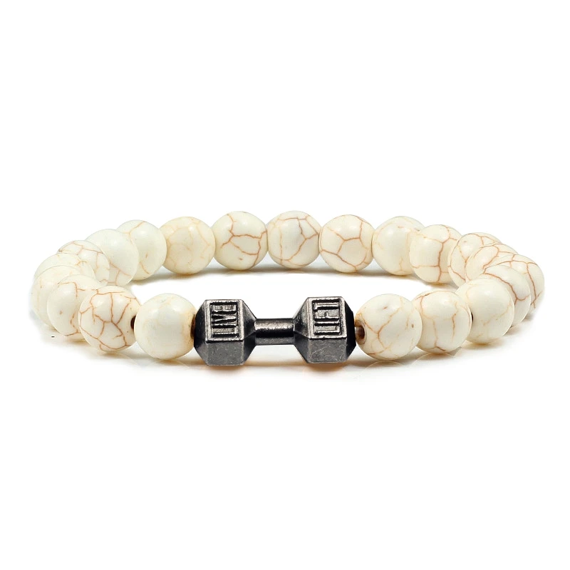 Natürliche Vulkanstein Armband Männer Matte Schwarz Lave Weiße Perlen Charme Hantel Strang Armbänder Frauen Barbell Fitness Schmuck