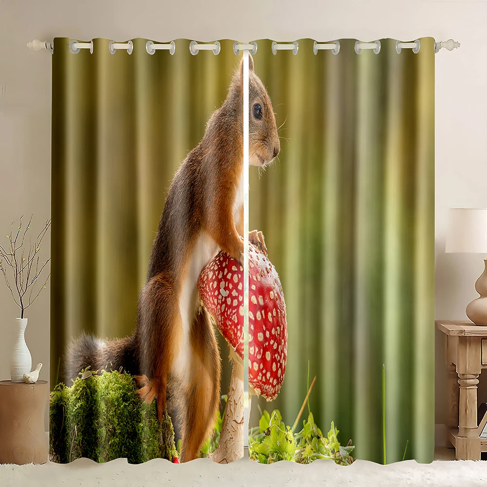 Blackout Curtains Squirrel,Forest Squirrel Standing With Mushroom,Wild Animal 3D Printing Thermal Insulated Window Curtains