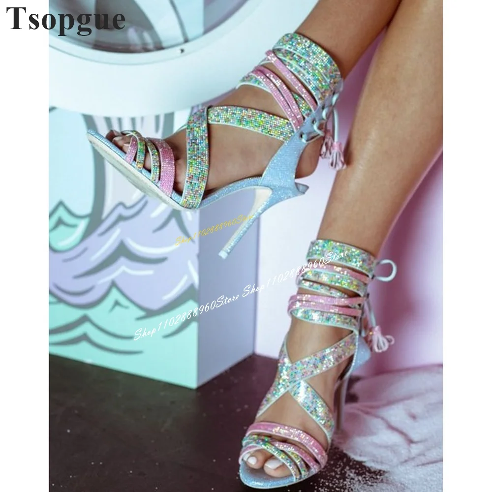 Cross Tied Mixed Color Crystal Strappy Sandals Thin High Heel Shoes For Women Lace Up Open Toe 2024 Fashion Zapatos Para Mujere