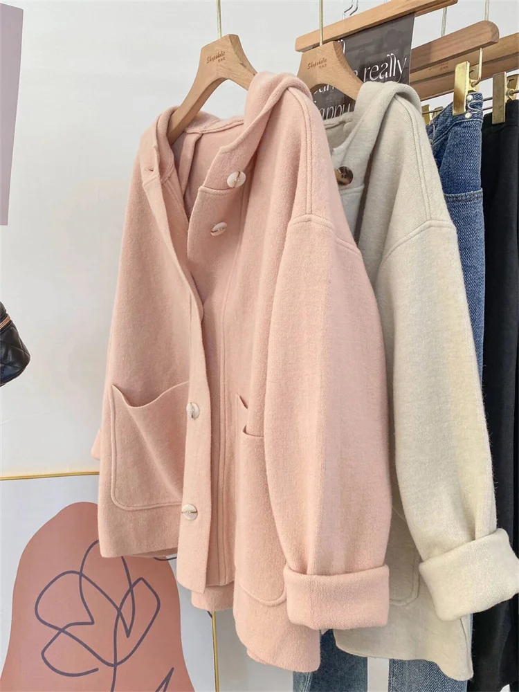 

Однотонное шерстяное пальто с капюшоном, свободного кроя, в молодежном корейском стиле, для весны и осени, теплое, устойчивое к холоду