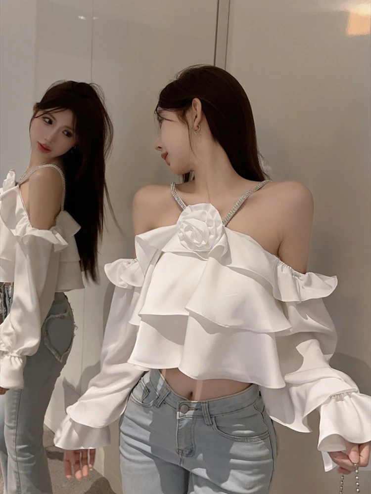 Summer Women Sweet Halter Collar Blouse Elegant Off Shoulder Flower Ruffles Crop Tops Female Fashion Beach Holiday Sexy Clothing