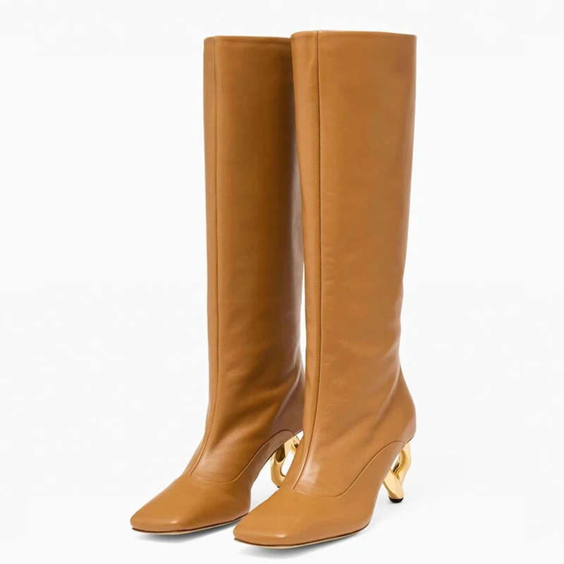 

Loose Upper Solid Shoes Gold High Circle Heels Square Toe Slouchy Long Boots Women's Slip On Knee High Booties