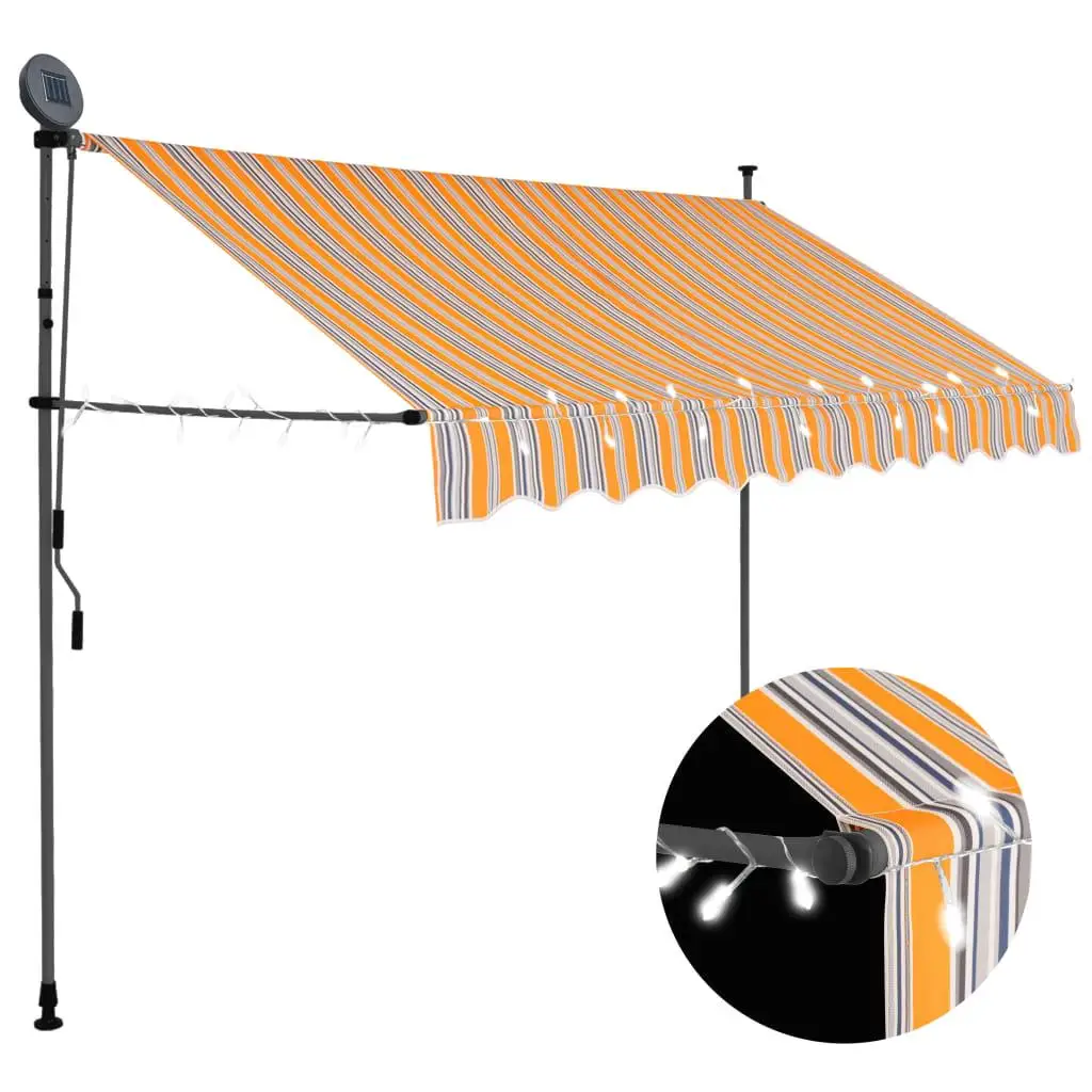 Manual Retractable Awning with LED Lights - 250cm Yellow & Blue Outdoor Shade Canopy