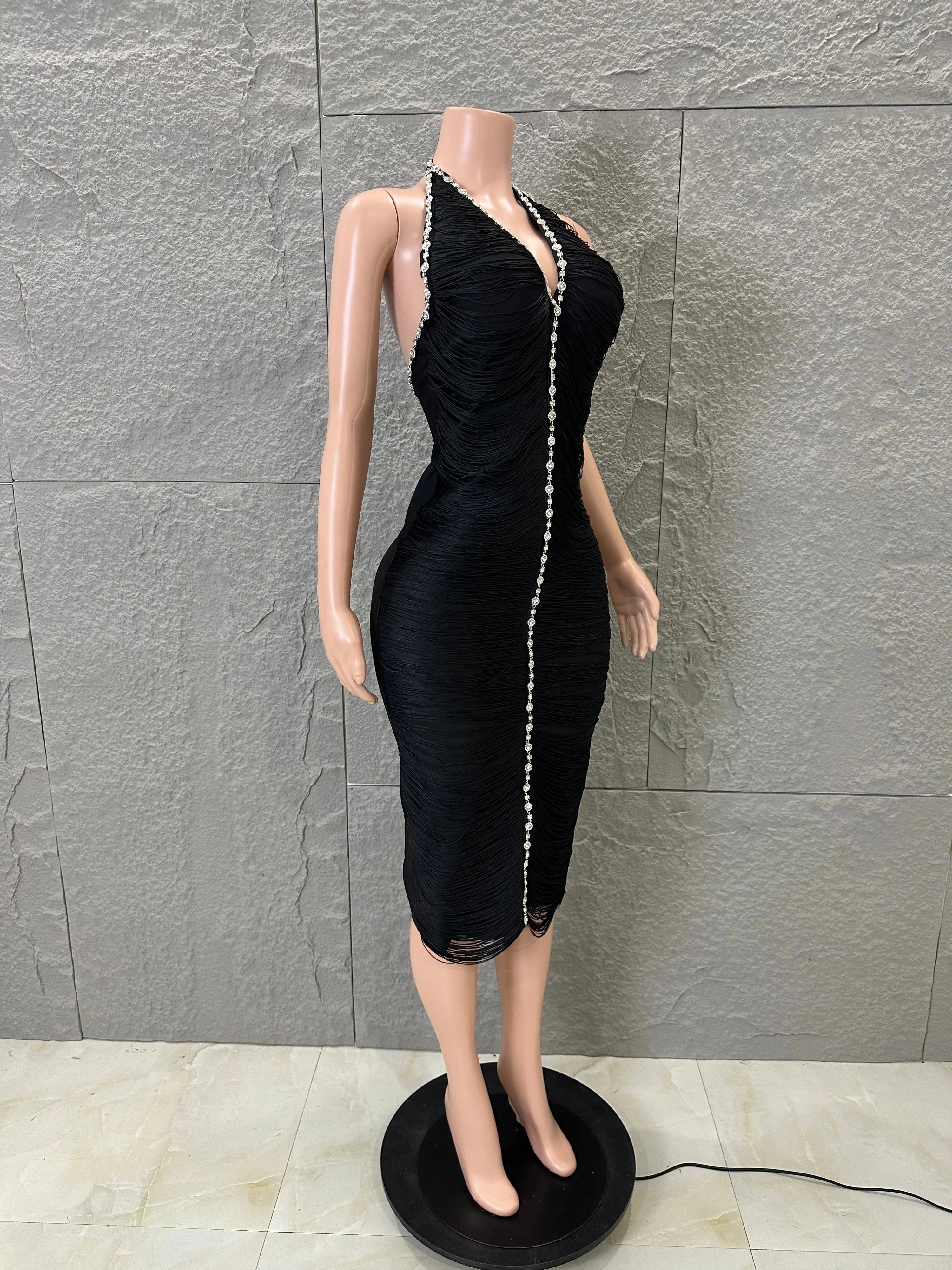 

Black Tassel Halter Bodycon Midi Dress Women Rhinestone Embellished Trim Formal Celebration Evening Nightclub Party Gown