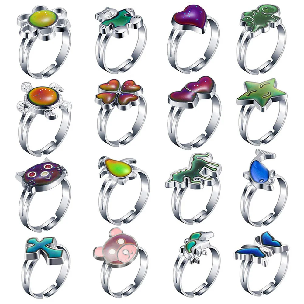 20Pcs/Lot Fashion Temperature Sensitive Color Changing Mood Children Jewelry Adjustable Ring Animal Face Plant Mixed Style Gift