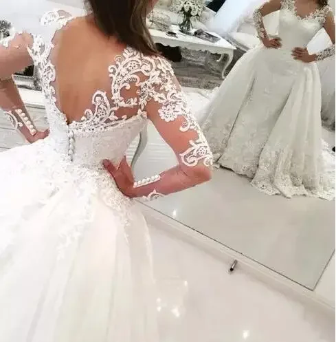 Customized noiva Lace Mermaid Wedding Dress with Detachable Skirt Backless Long Sleeve Saudi Arabia Bridal Wedding Gowns Dubai