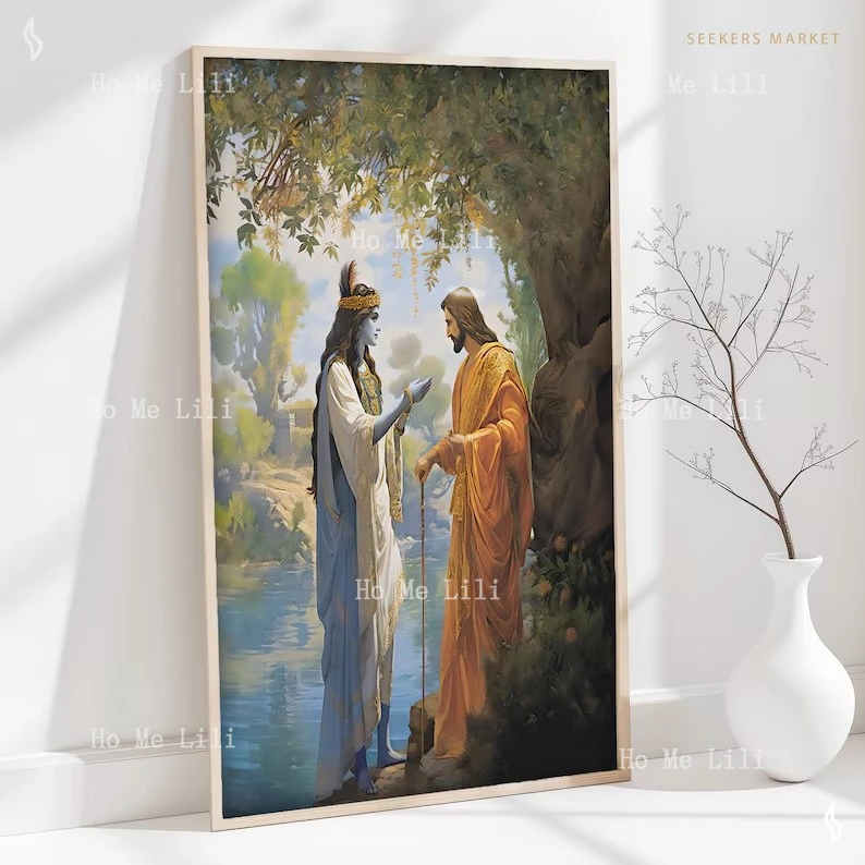 Lord Krishna Meets Jesus Christ Art Print Religious Decor Spiritual Wall Art Gift Hindu Christian New Age