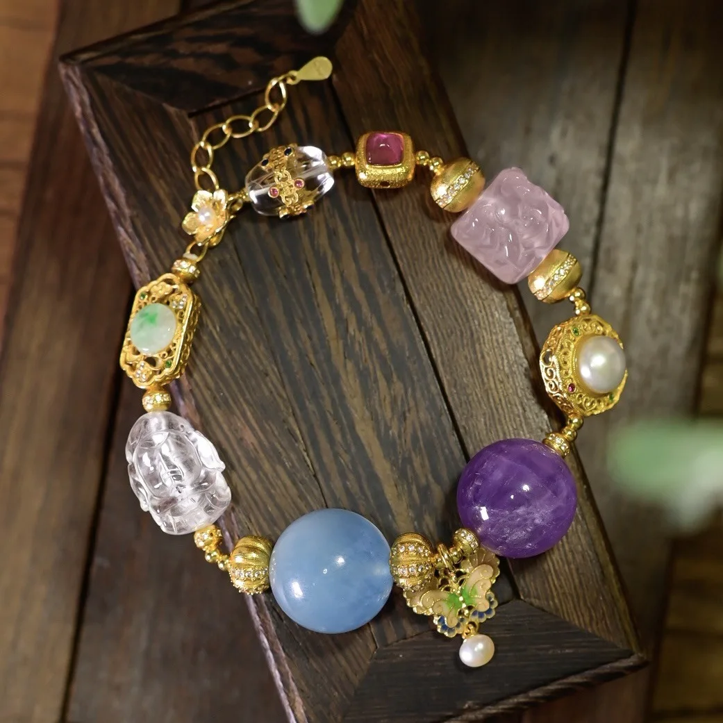 Natural Gemstone Bracelet, Rose Quartz Phoenix Peony Lavender Amethyst Aquamarine Clear Crystal Butterfly S925 Silver Lucky