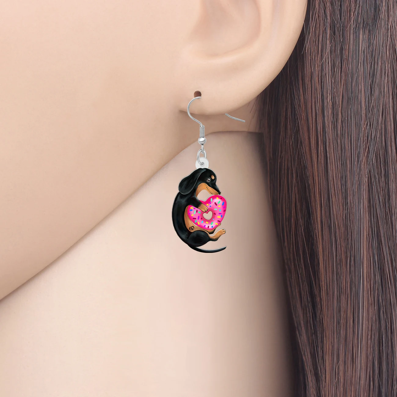 WEVENI Valentine's Day Acrylic Black Dachshund Puppy Earrings Candy Donut Doggy Drop Dangle Jewelry Charm Dog Gifts For Couples