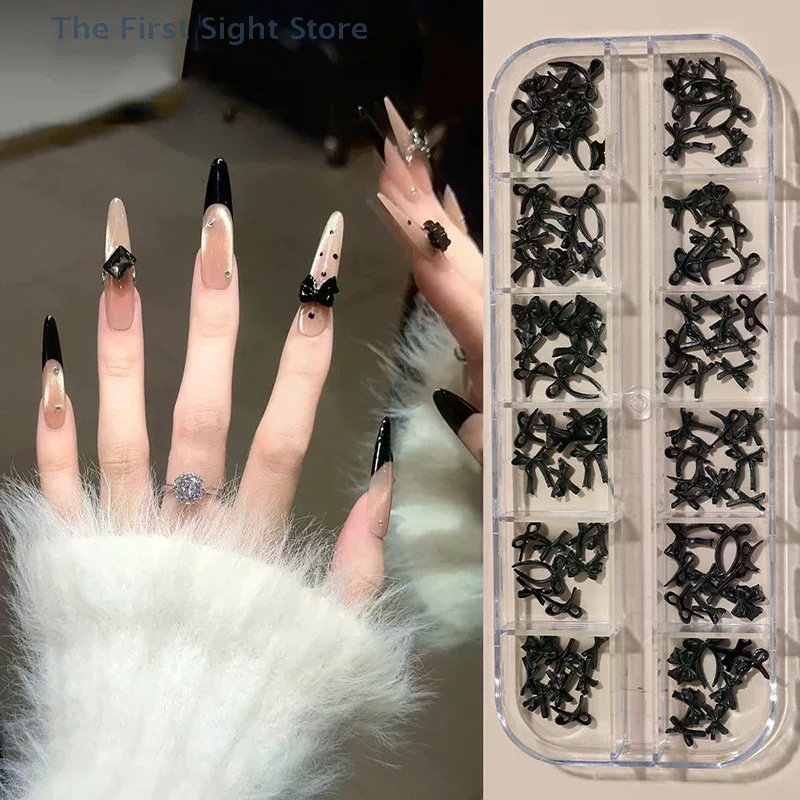 12 griglia/scatola dolce e carino papillon nero bowknot nastro charms accessori per nail art adorabili ciondoli per unghie decorazioni fai da te strumento per manicure