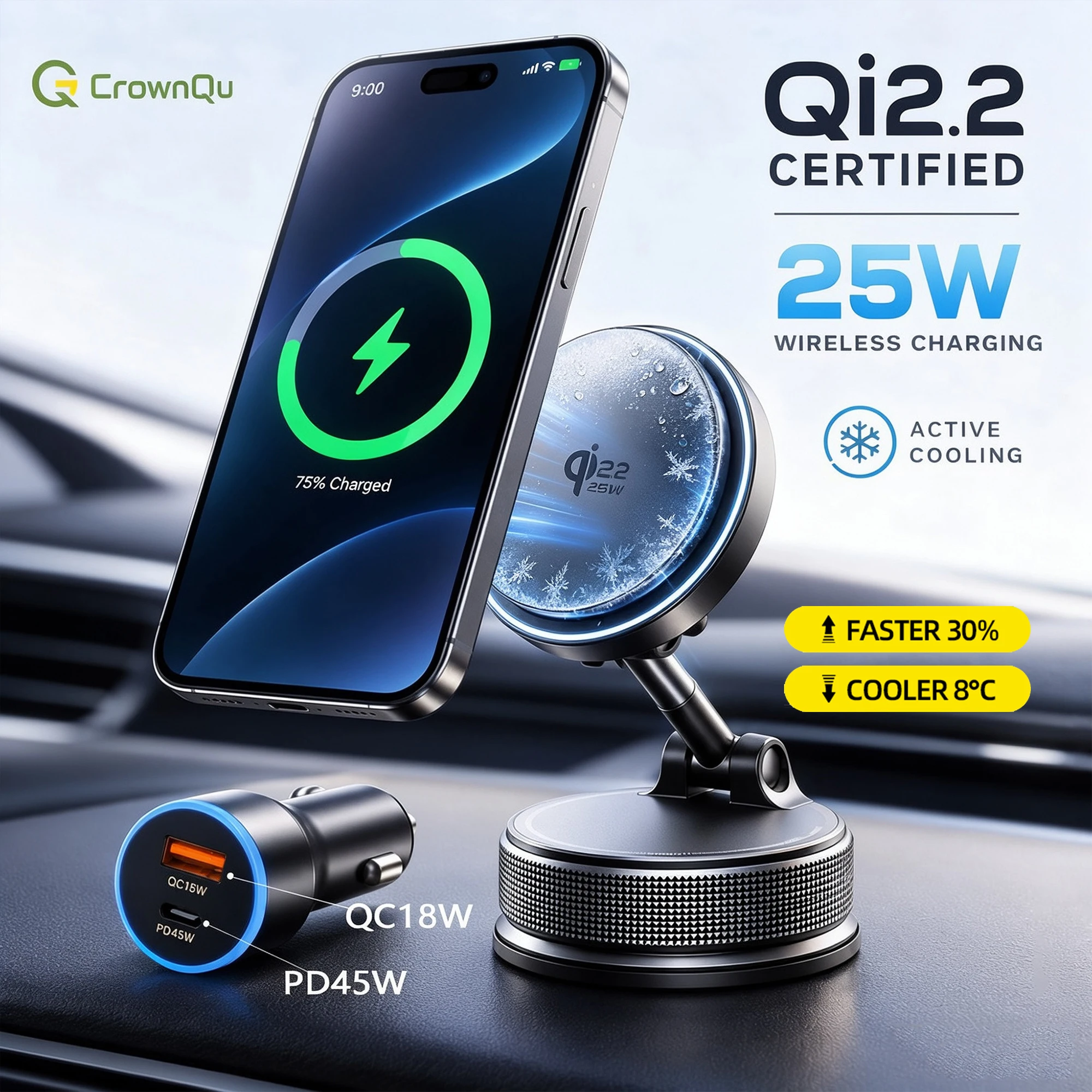 Qi2.2 25W Kabellose Ladestation Auto-Handyhalterung mit Luftkühlung Wärmeableitung Schnelles Laden für iPhone 18 17 16 15 PM