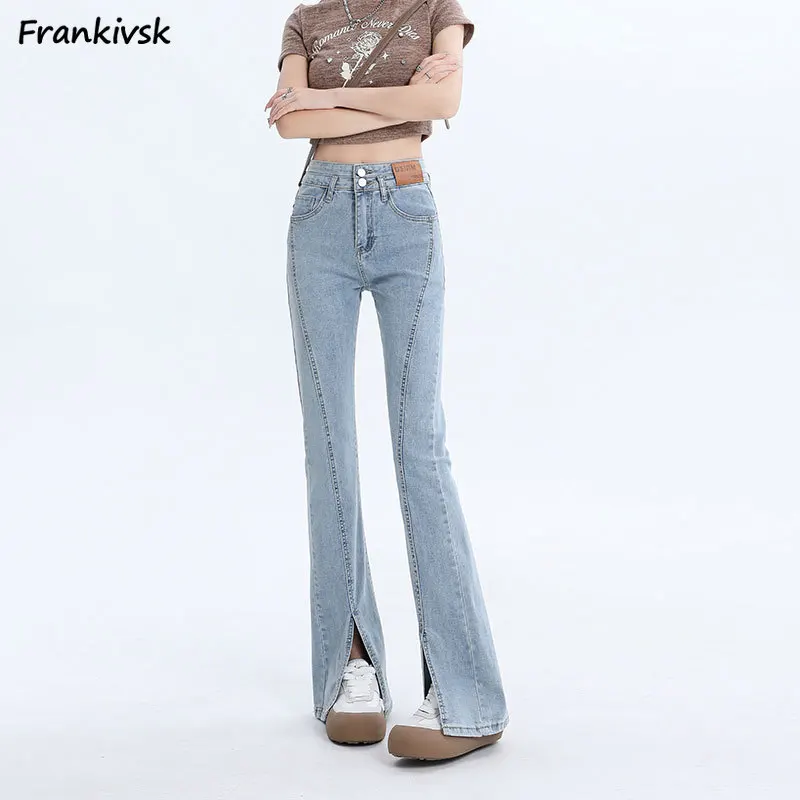 

Women Denim Flare Jeans Slit Button Summer High Waist Pockets Comfortable American Style Stretchy Commuting Youthful Fashion Fit