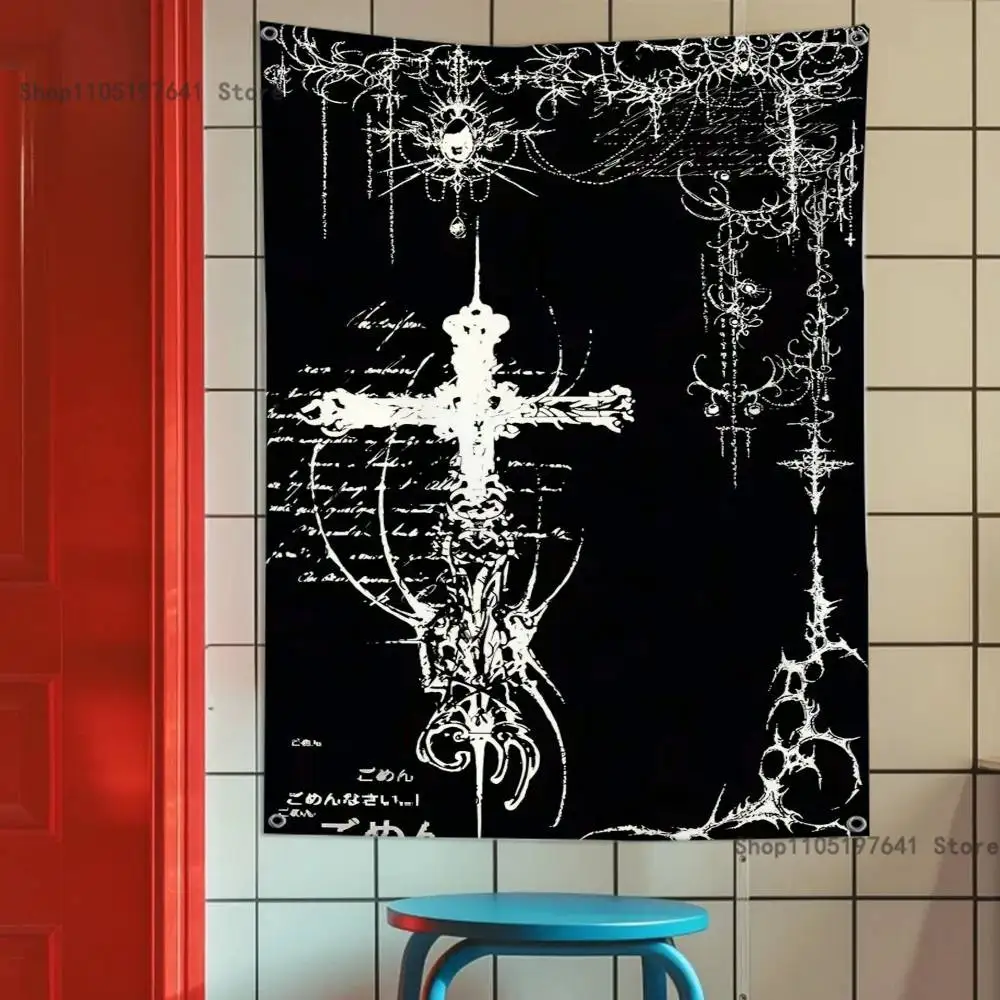 Gothic Cyber Sigil Cross Eyes Skull Flag Tapestry Banner For Bedroom Outdoor Living Room Restaurant Bar Wall Decor Party