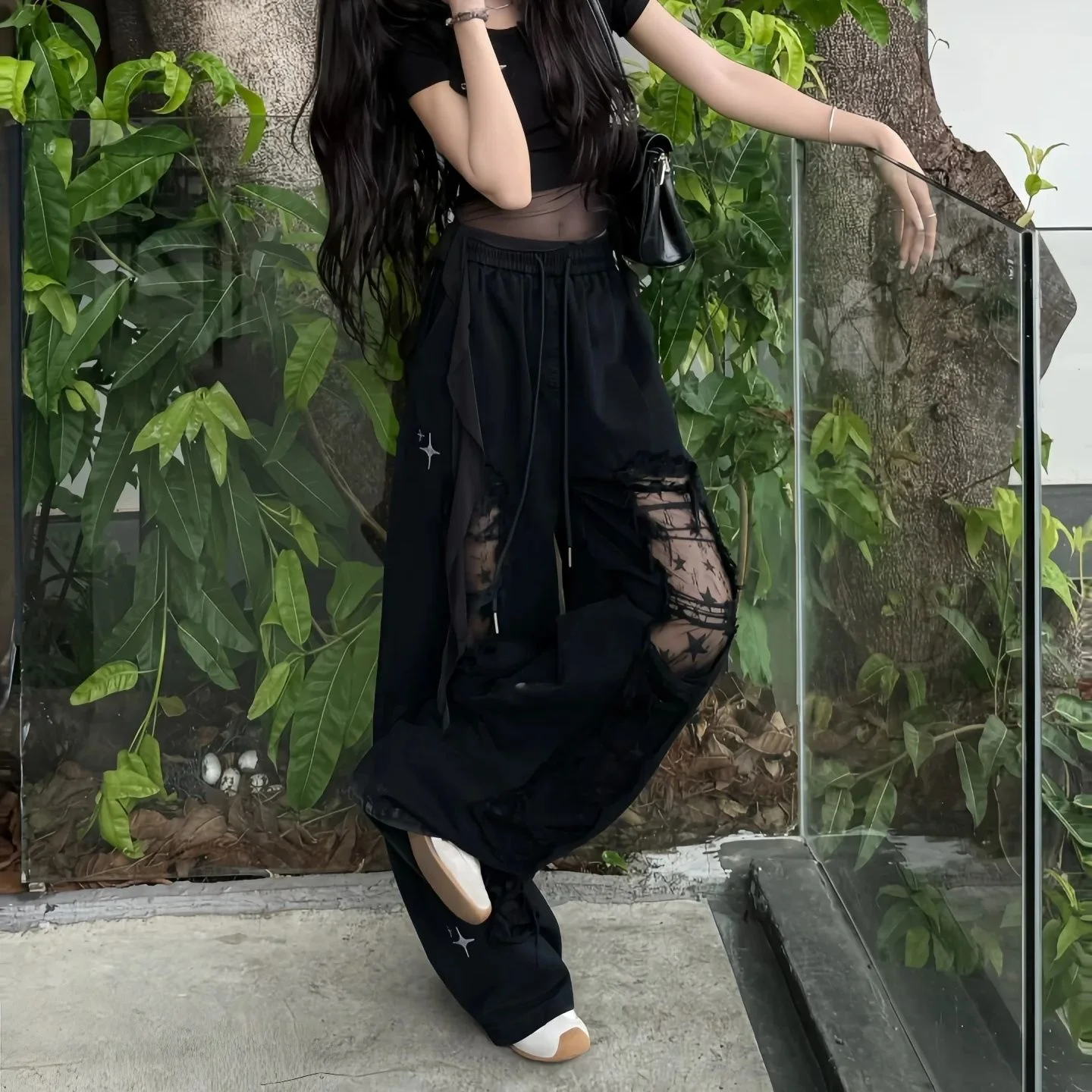 

American Street Casual Design Jeans Women'S Summer New Ripped Embroidered Mesh Niche Loose Niche Versatile Wide-Leg Pants