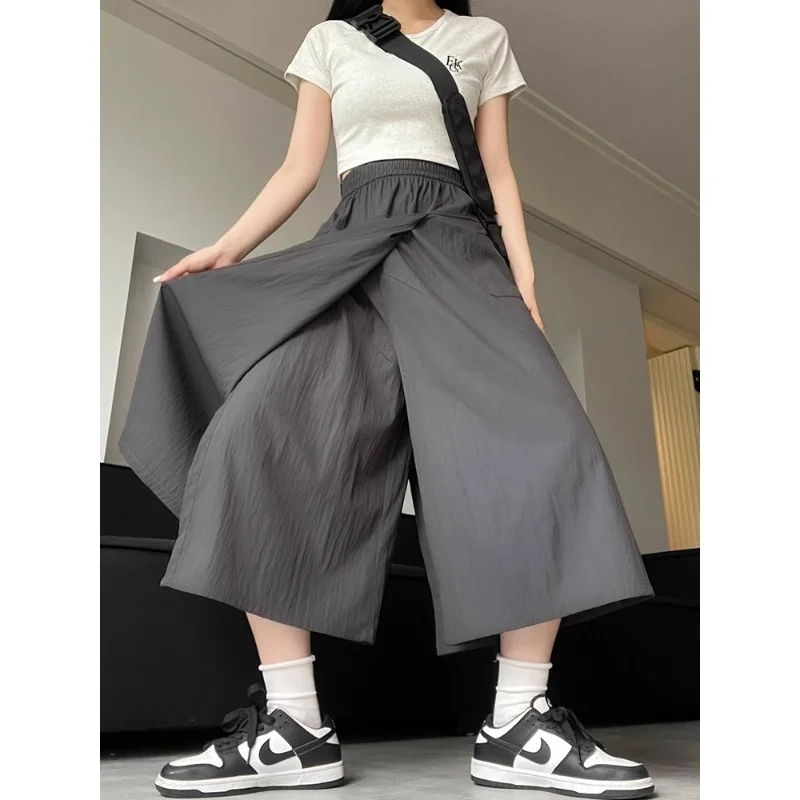 

Широкие брюки-юбка из ледяного шелка для женщин, летние, больших размеров, с асимметричным разрезом, свободные, стройнящие, повседневные брюки