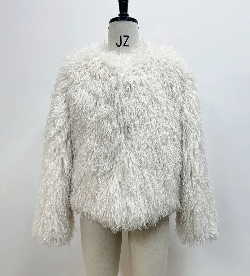 

Women's Round Neck Loose Long Sleeves Thick Plush Short Jacket Winter New Fashion Brown Faux Fur Coat