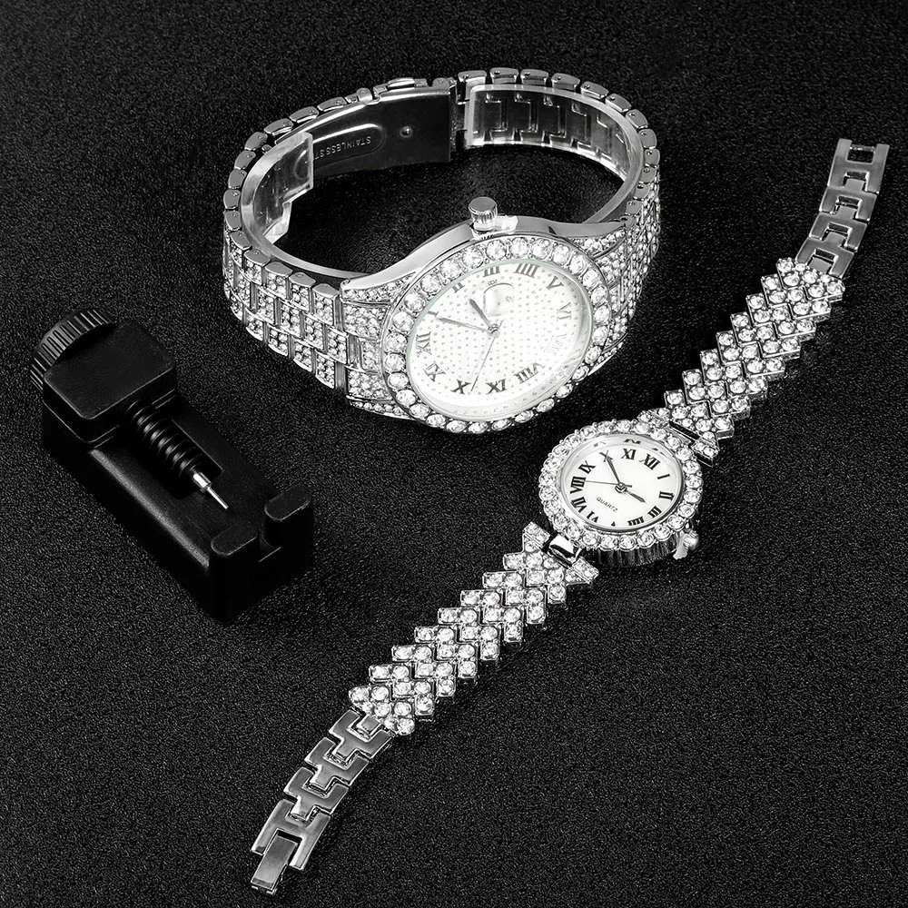 Reloj de plata con incrustaciones de diamantes para hombre y mujer, conjunto de 2 piezas, estilo Hip-hop, Punk, joyería de lujo para fiesta, regalo